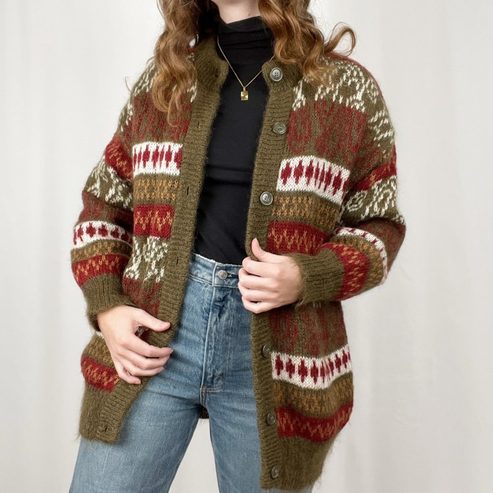 Vintage Oversized Mohair Wool Nordic Fair Isle Knit Christmas Cardigan Sweater - Picture 4 of 8